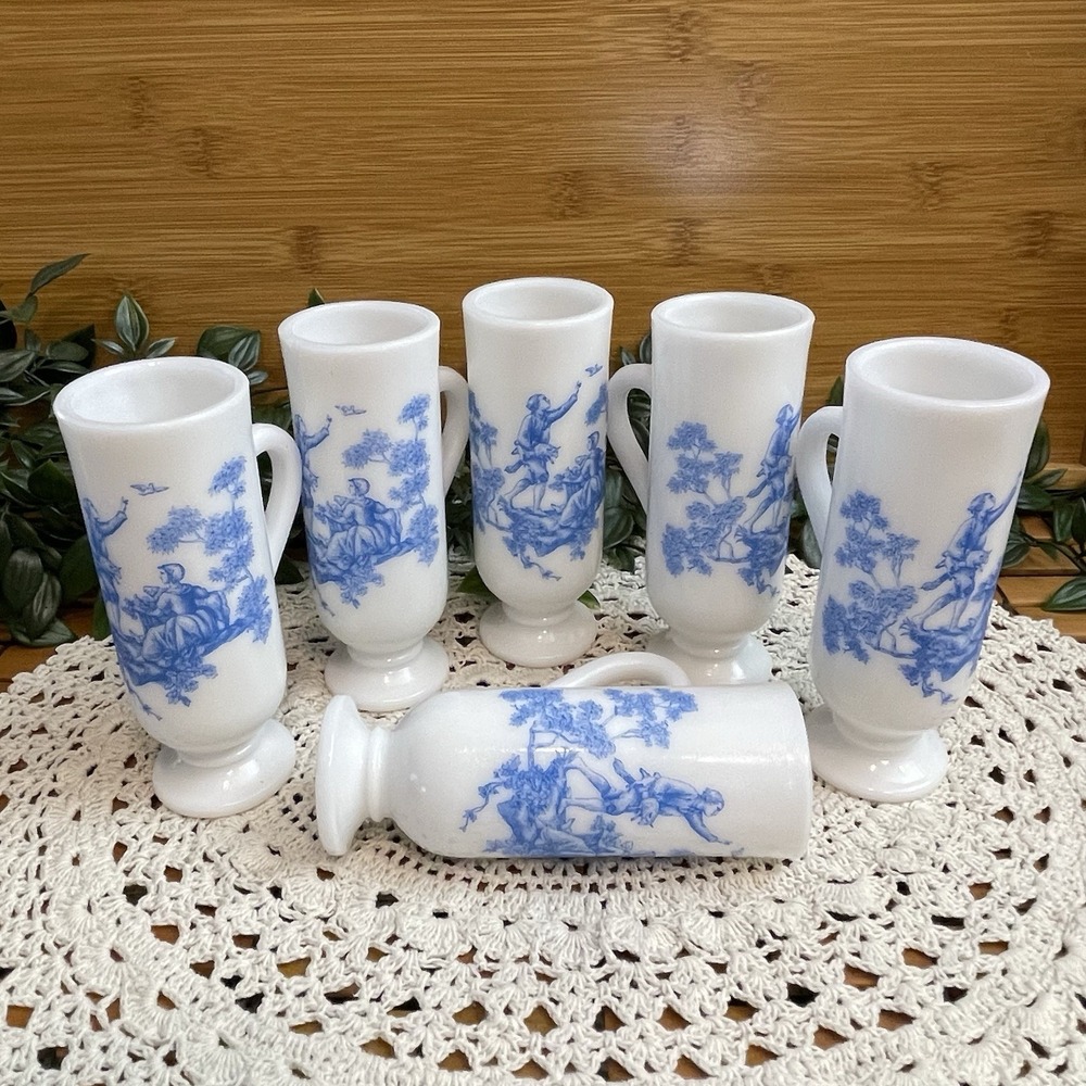 Vintage Avon Milk Glass Demi Cups Blue Toile Victorian Demitasse Mugs Set of 6